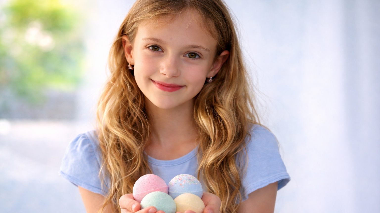 Young girl holding pastel-colored Easter eggs outdoors